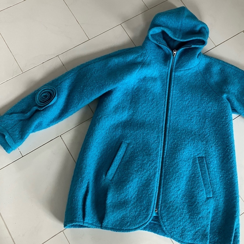 Simon Chang teal blue zipper jacket with rose buds on arm.  Gorgeous!